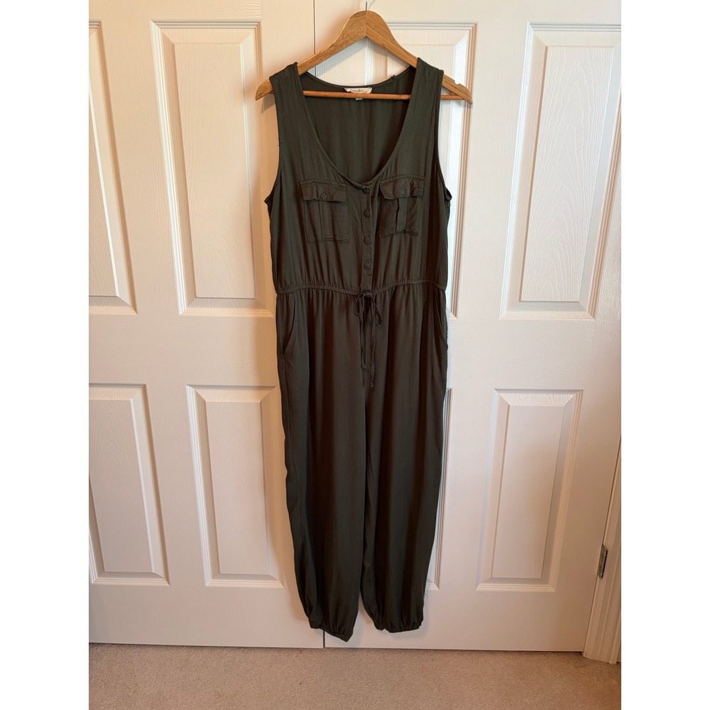 Stellar Womens Olive Green Sleeveless Utility Jumpsuit Elastic Waist Pockets L